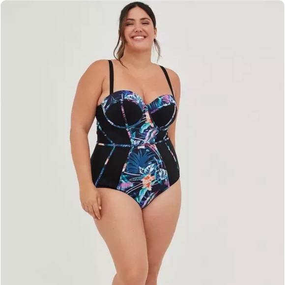 Torrid Slim Fix Underwire Piping One Piece Swim Suit Size 5 D/DD Dreamy Tropical - Picture 1 of 8